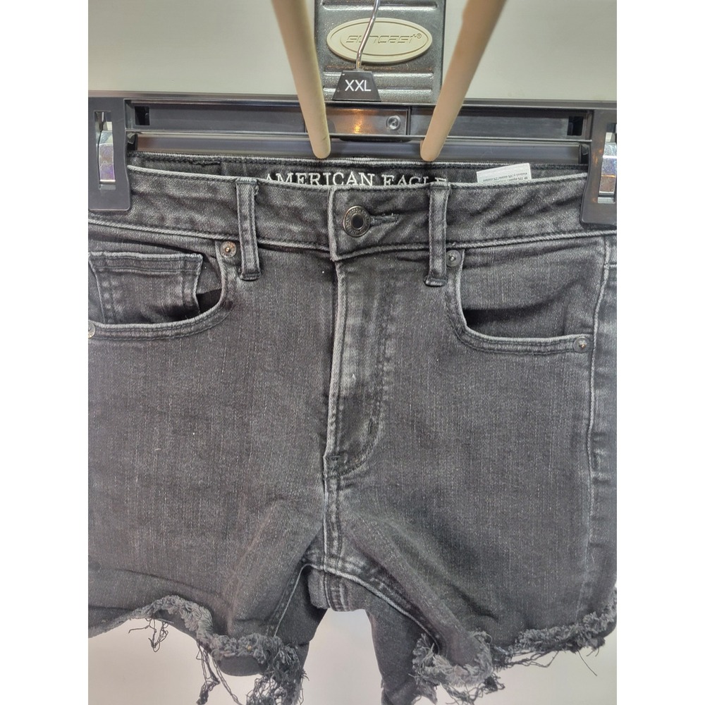 American Eagle Womens Black Denim Shorts Super Stretch Frayed Hem Size 0